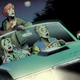 Archie, Betty, and their pals look up in shock at a UFO while driving down a lonely highway at night.